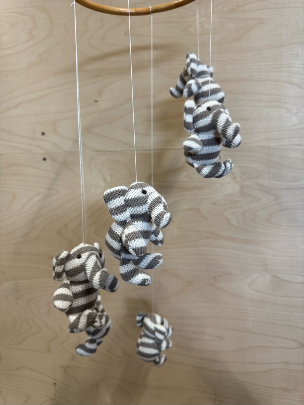 Striped Gray and White Elephant Mobile - Baby Nursery Hanging Toy
